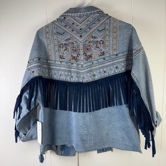 Denim Jacket Floral Embroidery Suede Fringe Western - Picture 2 of 5